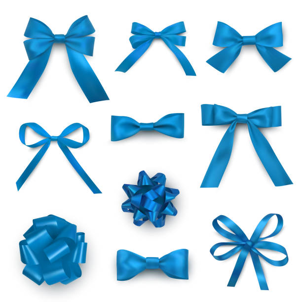 łuki w kolorze niebieskim z dwoma, czterema i więcej pętli realistyczny zestaw. ozdoby świąteczne wstążki. - blue bow ribbon gift stock illustrations