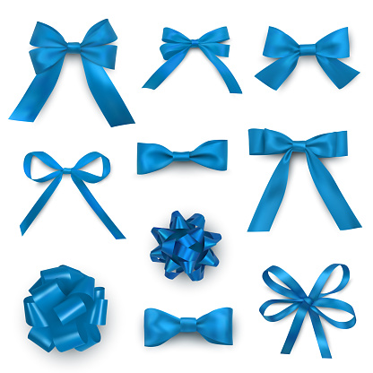 Bows in blue color with two, four and more loops realistic set. Christmas decorations with thin and wide ribbons. Festive tapes for gift boxes. Vector collection isolated on white background.