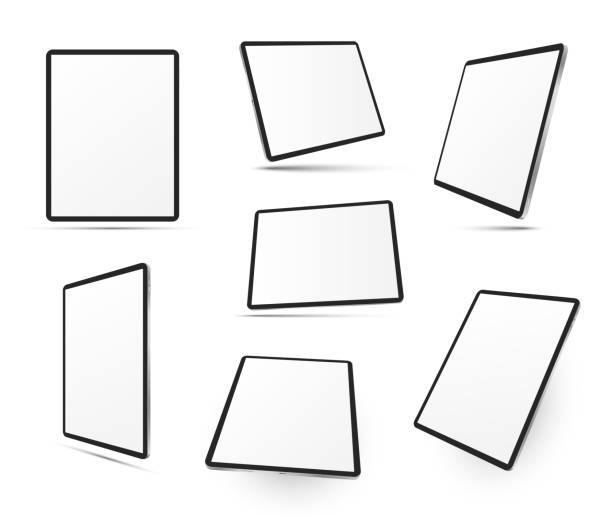 Tablet computers in different positions realistic mock ups set. Top, side, three quater, perspective view. Mobile devices with touchscreen display. Copy space. Vector templates collection on white.