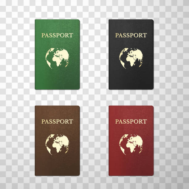 ilustrações de stock, clip art, desenhos animados e ícones de passport covers in green, brown, black, red colours realistic set. front side. official papers, documents. - set blue brown green