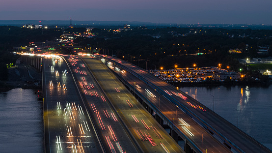 Aerial view on the Governor Alfred E. Driscoll Bridge over the Raritan River, New Jersey, connected Keasbey and Melrose towns, in the night.