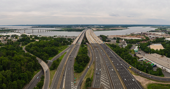 Aerial view on the Governor Alfred E. Driscoll Bridge over the Raritan River, New Jersey, connected Keasbey and Melrose towns.