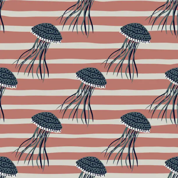 Vector illustration of Dark pale jellyfish silhouettes seamless doodle pattern. Simple wild animalistic print with stripped maroon background.