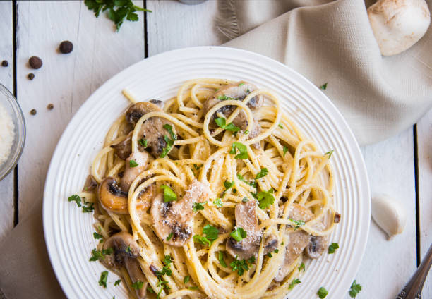 istock Spaghetti pasta with mushrooms, creamy sause and parsley on white 1273479062