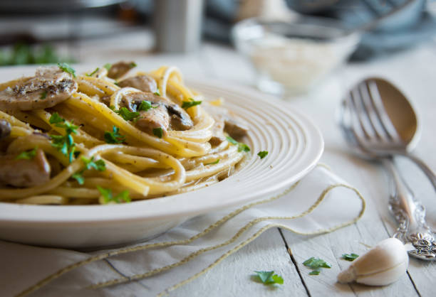 istock Spaghetti pasta with mushrooms, creamy sause and parsley on white 1273479304