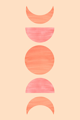 Watercolor moon phases illustration isolated on orange background. Modern boho card. Mid century terracotta colors artwork.