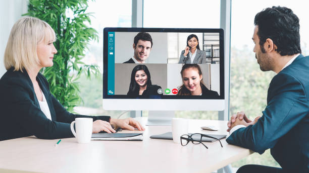 istock Video call group business people meeting on virtual workplace or remote office 1273481944