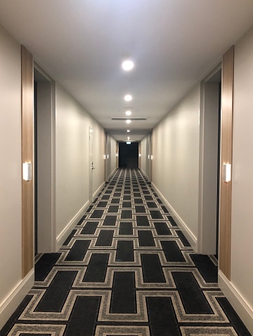 An empty long hotel corridor where thousands residents would walk to and from their rooms.