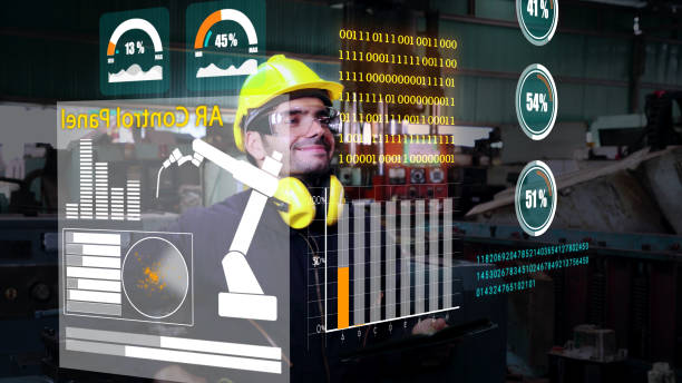 istock Factory worker use future holographic screen device to control manufacturing 1273483056