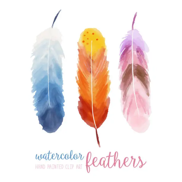 Vector illustration of Watercolor  Hand Drawn Feathers Collection Set. Multicolored Watercolor Feathers Clip Art. Design Element for Greeting and Invitation Cards.