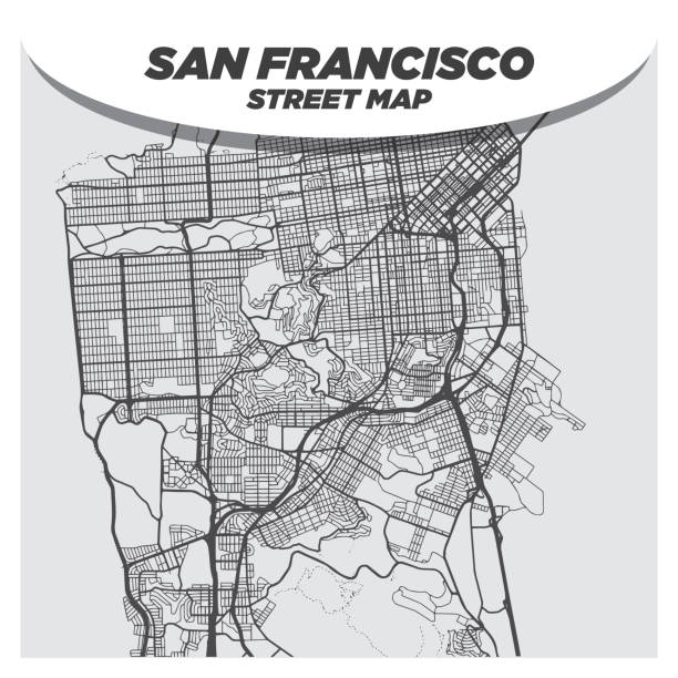 kreatywna płaska mapa san francisco, kalifornia z czarnymi ulicami i białym tłem - golden gate bridge bridge san francisco county vector stock illustrations