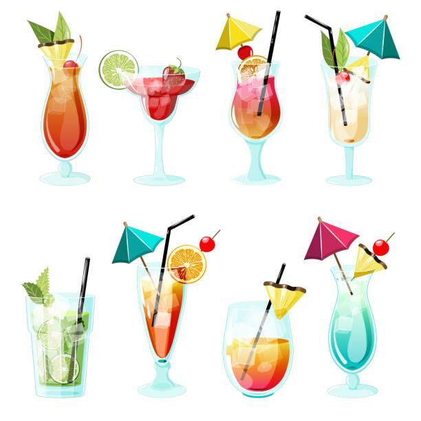 illustrations, cliparts, dessins animés et icônes de ensemble vectoriel de cocktails tropicaux d’été alcooliques. verres à boissons mélangées pour la fête de plage d’été. éléments pour les recettes de boissons. - mai tai