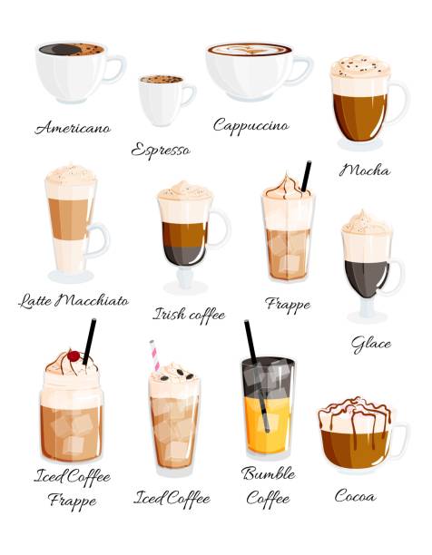 ilustrações de stock, clip art, desenhos animados e ícones de vector set of coffee types in glasses americano, frappe, espresso, cappuccino, glace, irish, macchiato, mocha, bumble, cocoa, iced. coffee menu illustration and poster - caramel latté coffee cafe macchiato