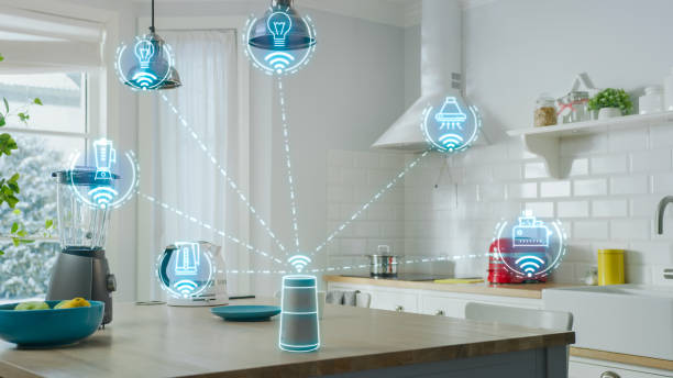 istock Internet of Things Concept: Modern Kitchen full of High-Tech Kitchen Appliances with IOT, Infographics Show Various Data and Information. Digitalization, Visualization of Home Electronics Devices 1273489799