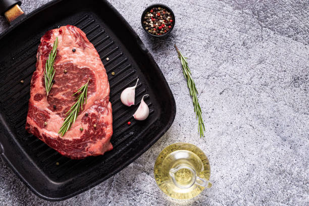 istock Fresh raw beef steak on frying grill pan 1273493236