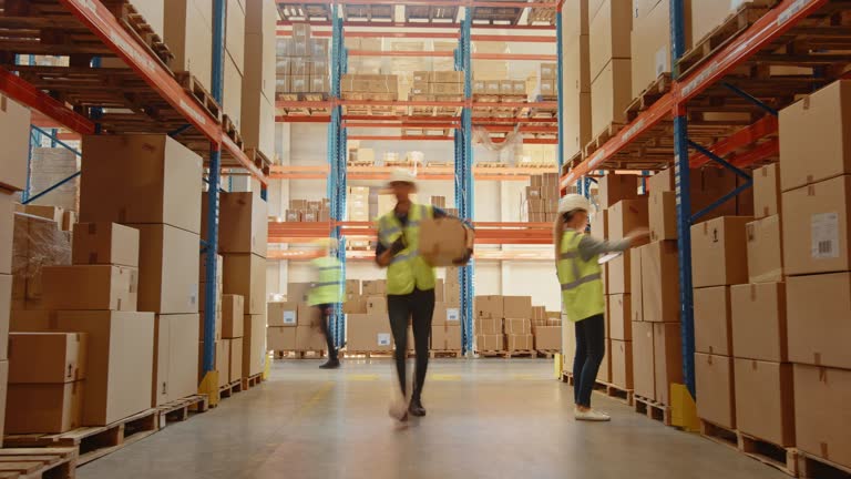 Time-Lapse: Retail Warehouse full of Shelves with Goods in Cardboard Boxes, Workers Scan and Sort Packages, Move Inventory with Pallet Trucks and Forklifts. Product Distribution Logistics Center