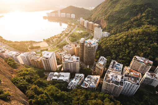 Aerial View of Apartment Buildings in Front of the Lagoon and Between Mountains in Rio de Janeiro, Brazil.