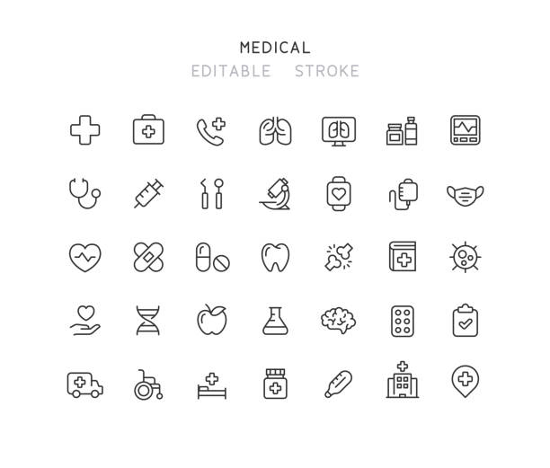 illustrazioni stock, clip art, cartoni animati e icone di tendenza di 35 raccolta di icone della linea medica ictus modificabile - editable stroke illustrazioni