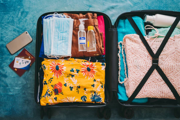 istock Suitcase packing for travel, COVID-19 concept 1273497982