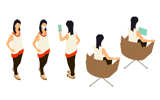 Five views of the same casual woman in different views, poses, angles, or positions can be useful for storytelling in diagrams, charts, and other visual channels — especially those in which the same person would be shown more than once. Instances of the same character are seen standing, sitting on a leather swivel chair, with PPE/face mask, and with technology devices including a mobile phone and a digital tablet. Illustrations are shown on a white background in isometric view.