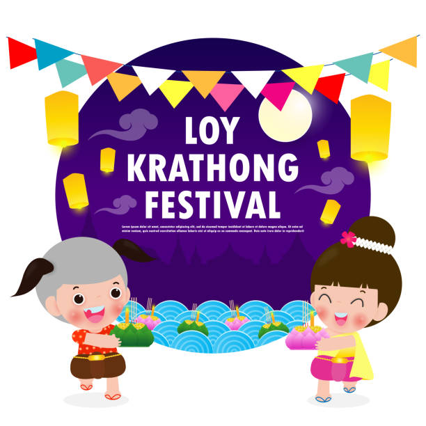 Loy Krathong Festival banner concept with cute Thai couple in National costume holding krathong in full moon night and lanterns Celebration and Culture of Thailand poster template background Vector Loy Krathong Festival banner concept with cute Thai couple in National costume holding krathong in full moon night and lanterns Celebration and Culture of Thailand poster template background Vector loi krathong stock illustrations