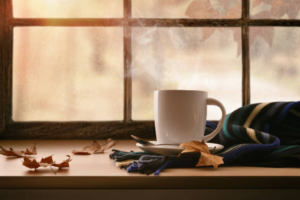 istock Cup in front of a window with autumn landscape 1273505627