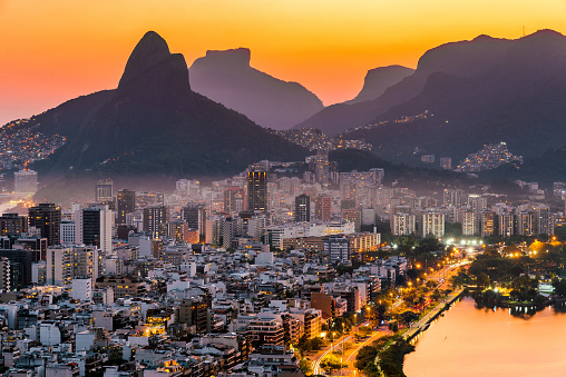 View of Ipanema and Leblon District Buildings and Mountains by Sunset in Rio de Janeiro, Brazil.