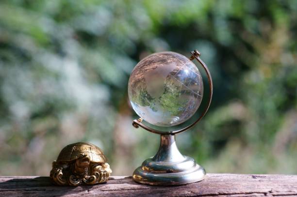 istock Metal turtle and glass globe on a colored background. 1273507388