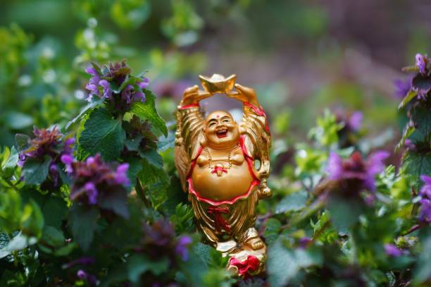 Buddha figure in wild flowers. Buddha figure in wild flowers. Symbol of wealth and prosperity. hotei the god of happiness stock pictures, royalty-free photos & images