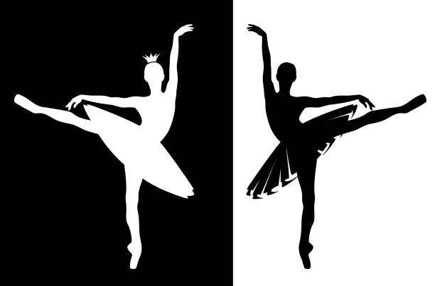 チュチュドレス黒と白のベクトルシルエットを身に着けている踊るバレリーナ - white background ballet dancer dancer dancing点のイラスト素材／クリップアート素材／マンガ素材／アイコン素材
