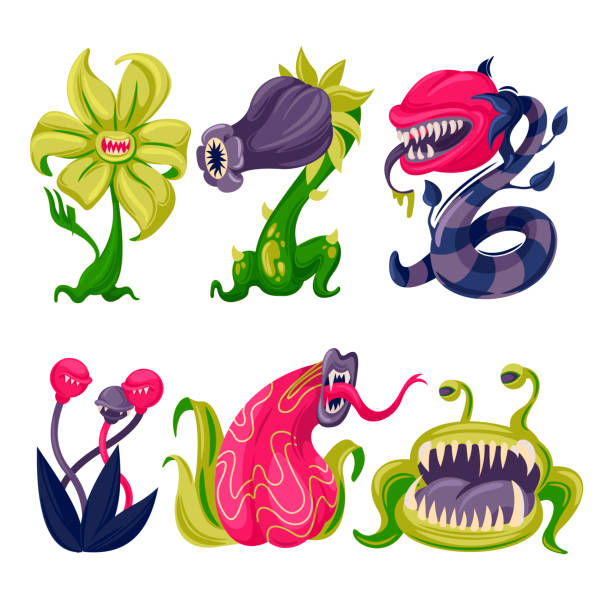 Cartoon Color Carnivore Plants Icons Set. Vector Cartoon Color Carnivore Plants Icons Set Flat Design Style. Vector illustration of Carnivorous Monster Plant Icon carnivorous stock illustrations