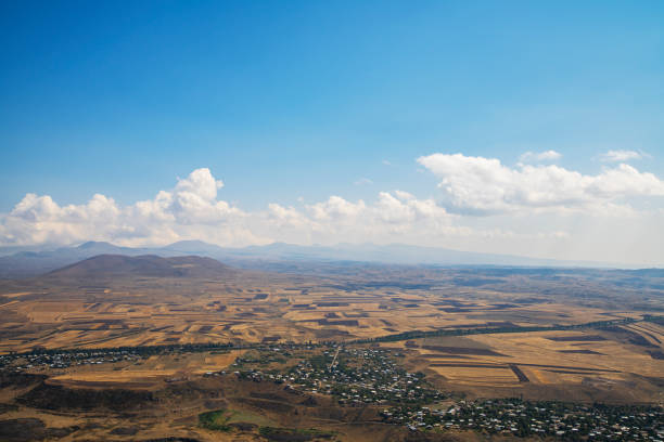 Beautiful panoramic aerial view of the mountains and fields.