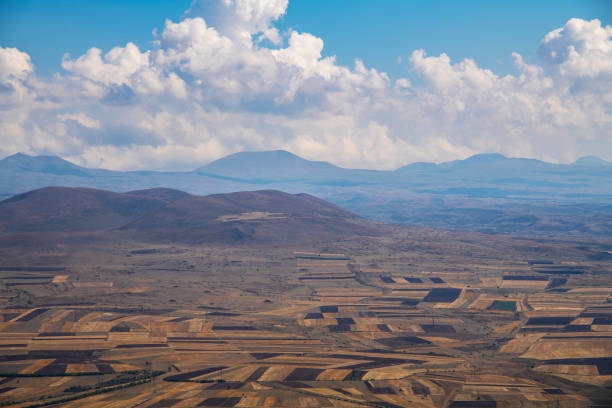 Beautiful panoramic aerial view of the mountains and fields.