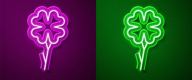 istock Glowing neon line Four leaf clover icon isolated on purple and green background. Happy Saint Patrick day. Vector 1273513984