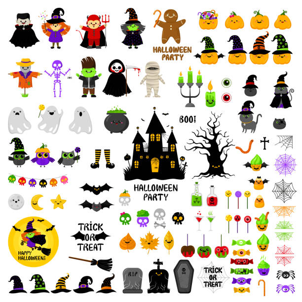 Halloween cute icons vector set. Cartoon style. Kawaii. Holiday symbols. Halloween cute icons vector set. Cartoon style. Kawaii. Trick or treat. Holiday symbols, characters, costumes, sweets. Funny illustration. For postcards, posters, flyers. Isolated on white background. halloween icons stock illustrations