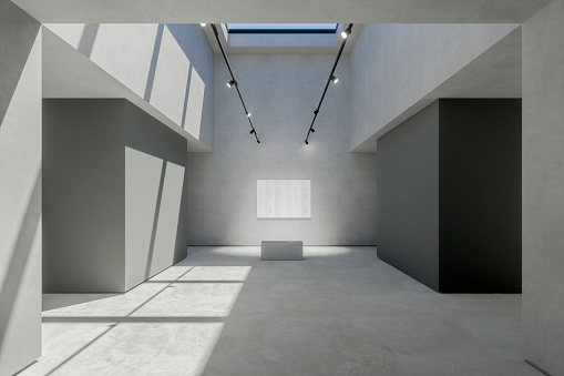 Empty modern art gallery. 3D generated image. Images on the walls are my computer generated and my own work.