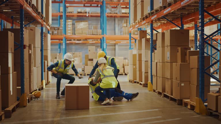 Warehouse Worker Has Work Related Accident Falls while Trying to Pick Up Cardboard Box from the Shelf. Colleagues Call for Help and Medical Assistance. Injury at Work. Slow Motion