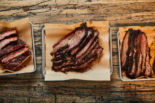 TEXAS BBQ Texas BBQ from Hutchins, Chicken, Pork, Beef, Brisket and all the sides barbecue beef stock pictures, royalty-free photos & images