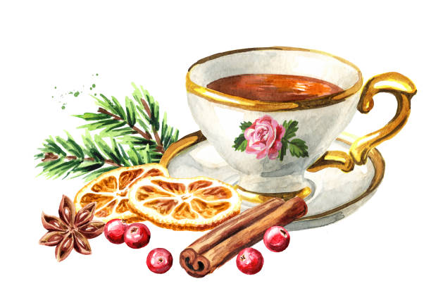 ilustraciones, imágenes clip art, dibujos animados e iconos de stock de taza de té con especias, fragancia navideña. ilustración de acuarela dibujada a mano aislada sobre fondo blanco - spice exoticism cinnamon anise