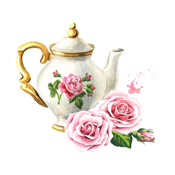 istock Teapot and rose flower. Hand drawn watercolor illustration isolated on white background 1273519388