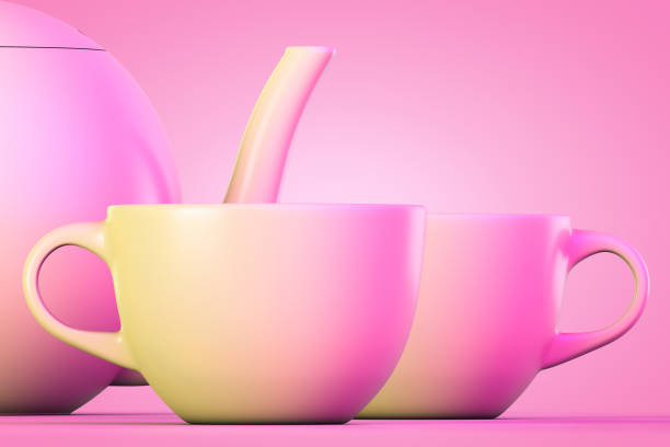 istock A tea set. Two mugs and a teapot in the background. Pink style. 1273524436