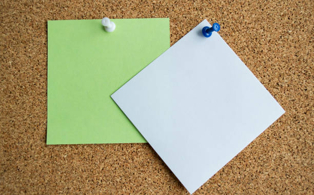 deux notes de papier de couleur verte et blanche sur un panneau de liège, attaché avec un pushpin blanc. espace de copie - clipboard blank paper pinning photos et images de collection