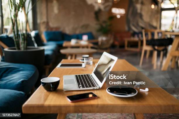 Freelancers Office Stock Photo - Download Image Now - Laptop, Coffee Shop, Cafe