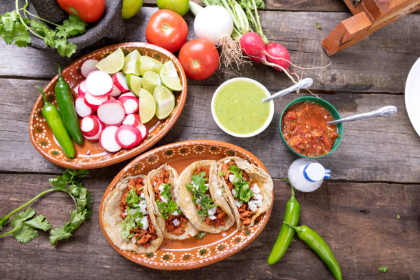 istock Typical Mexican food dishes with sauces on colorful table. 1273530892