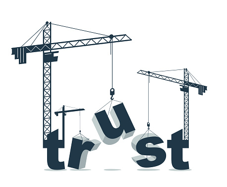 Construction cranes build Trust word vector concept design, conceptual illustration with lettering allegory in progress development, stylish metaphor of business or relations.