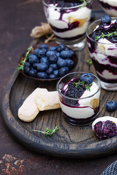 Dessert from mascarpone or ricotta cheese, blueberries and biscuit in glass on a dark concrete background. No baked cheesecake or tiramisu. Dessert from mascarpone or ricotta cheese, blueberries and biscuit in glass on a dark background. No baked cheesecake or tiramisu. yogurt fruit biscotti berry fruit stock pictures, royalty-free photos & images