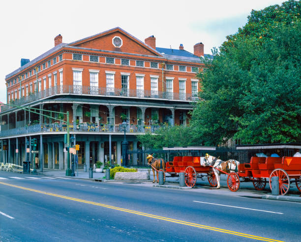 New Orleans French Quarter next to Jackson Square Louisiana Decatur Street and ST. Peter Street next to Jackson Square downtown New Orleans jackson square stock pictures, royalty-free photos & images