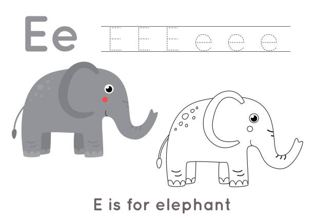 ilustrações, clipart, desenhos animados e ícones de página de colorir e traçar com letra e e elefante de desenho animado bonito. - traçar