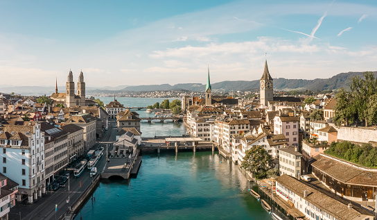 Beautiful view of the Limmat and the Grossmünster from the air