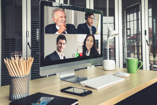 istock Video call business people meeting on virtual workplace or remote office 1273539490
